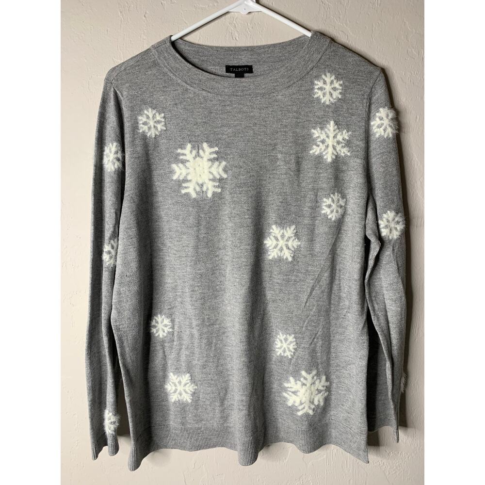 Talbots Women's Size M Gray & White Snowflake Sweater Cashmere Cotton